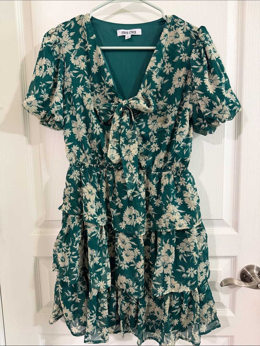 Mimi Chica Emerald Green Floral Tie-Neck Tiered Dress